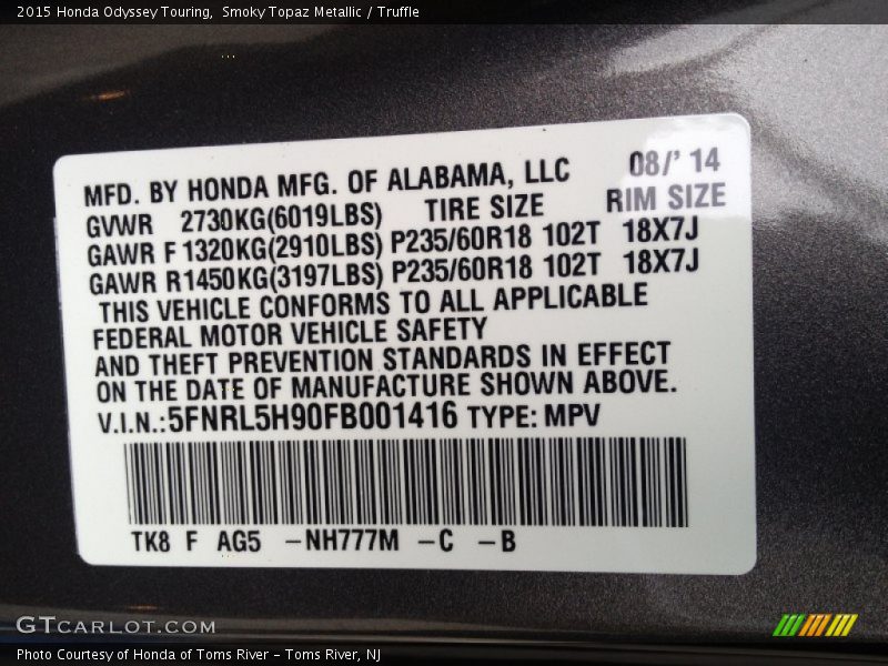 2015 Odyssey Touring Smoky Topaz Metallic Color Code NH777M