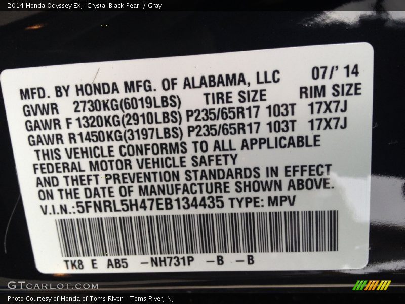 Crystal Black Pearl / Gray 2014 Honda Odyssey EX
