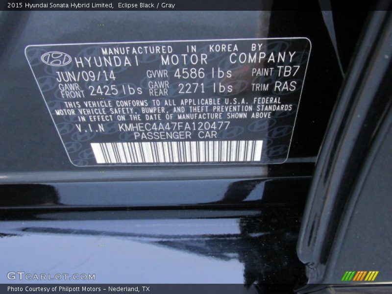 2015 Sonata Hybrid Limited Eclipse Black Color Code TB7