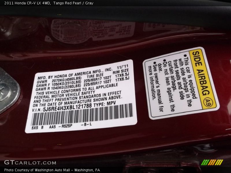 Tango Red Pearl / Gray 2011 Honda CR-V LX 4WD