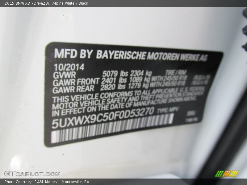 Alpine White / Black 2015 BMW X3 xDrive28i