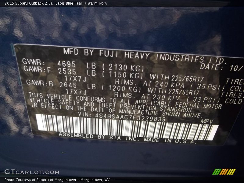 Lapis Blue Pearl / Warm Ivory 2015 Subaru Outback 2.5i