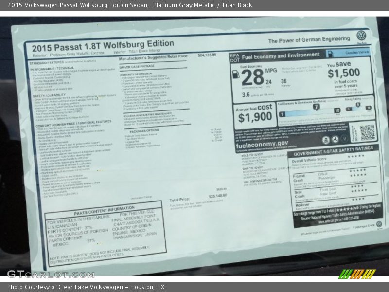 Platinum Gray Metallic / Titan Black 2015 Volkswagen Passat Wolfsburg Edition Sedan