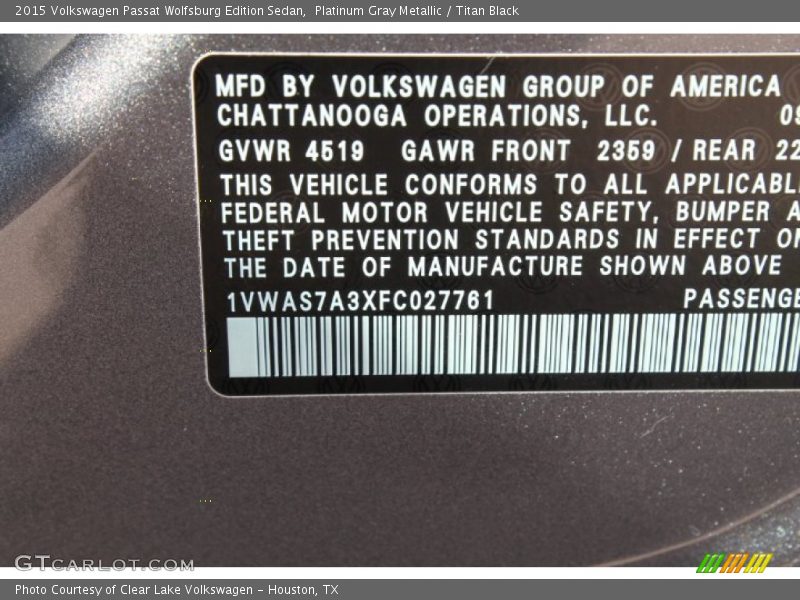 Platinum Gray Metallic / Titan Black 2015 Volkswagen Passat Wolfsburg Edition Sedan