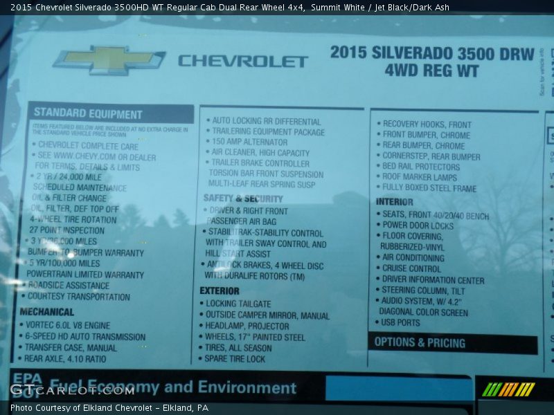  2015 Silverado 3500HD WT Regular Cab Dual Rear Wheel 4x4 Window Sticker