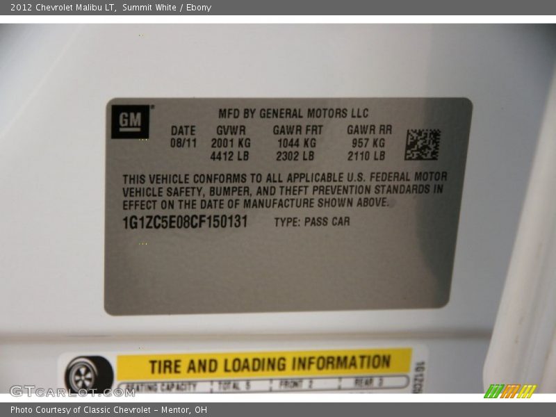 Summit White / Ebony 2012 Chevrolet Malibu LT