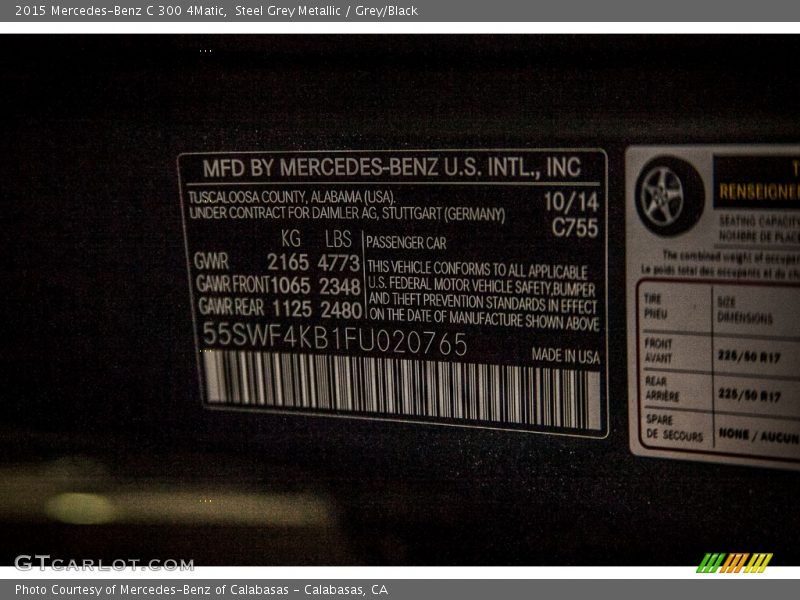 Steel Grey Metallic / Grey/Black 2015 Mercedes-Benz C 300 4Matic