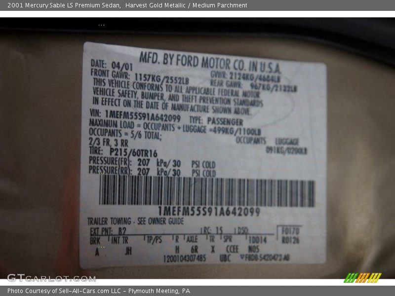 Harvest Gold Metallic / Medium Parchment 2001 Mercury Sable LS Premium Sedan