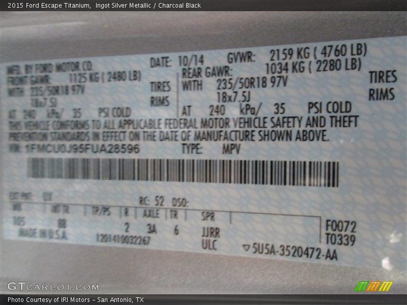 Ingot Silver Metallic / Charcoal Black 2015 Ford Escape Titanium