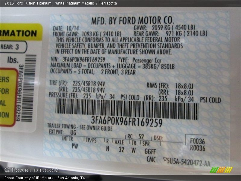 2015 Fusion Titanium White Platinum Metallic Color Code UG