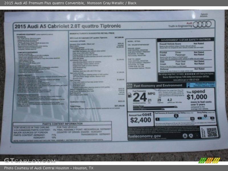  2015 A5 Premium Plus quattro Convertible Window Sticker