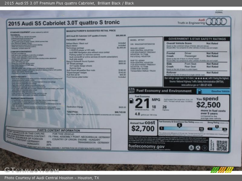  2015 S5 3.0T Premium Plus quattro Cabriolet Window Sticker