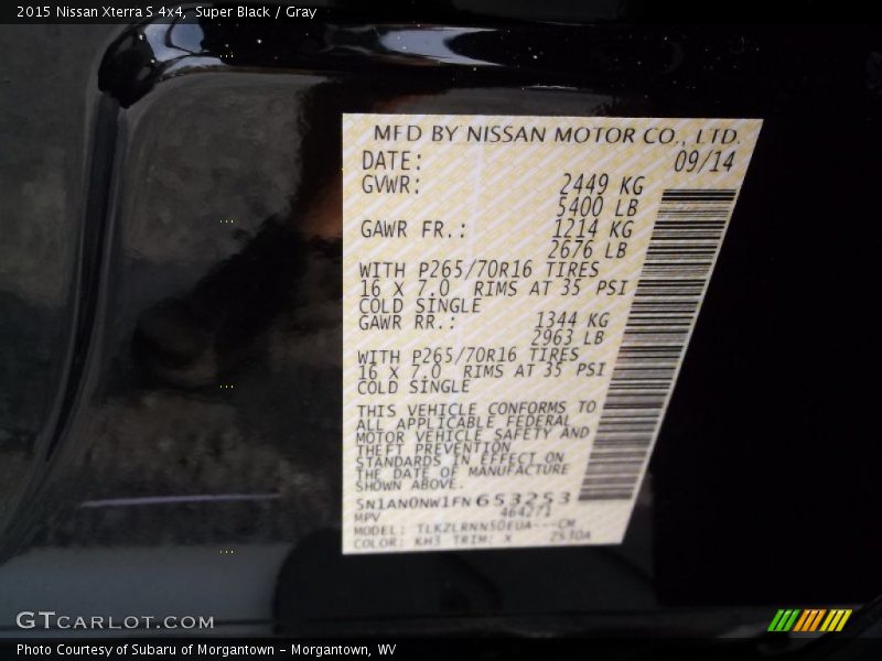 2015 Xterra S 4x4 Super Black Color Code KH3