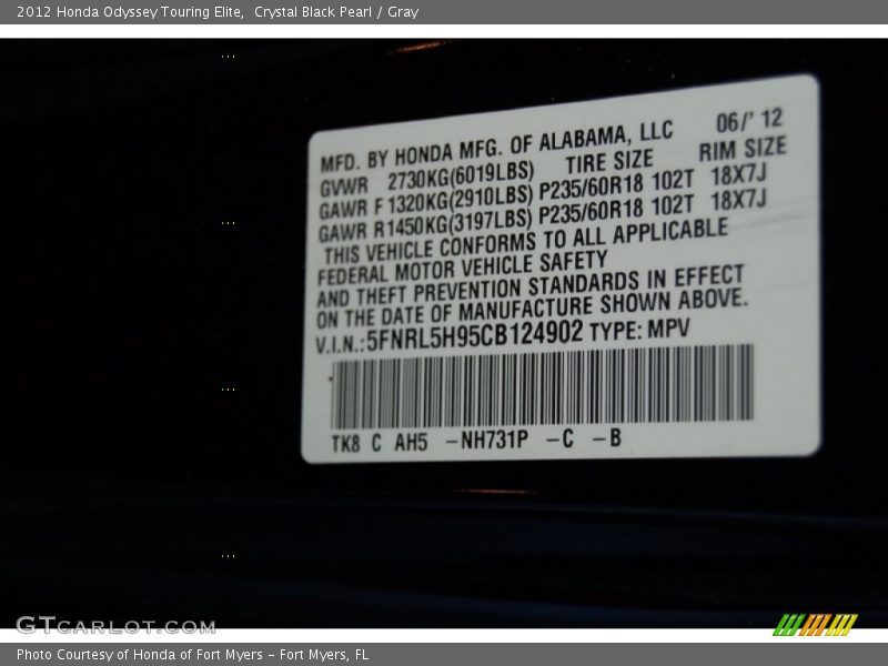 Crystal Black Pearl / Gray 2012 Honda Odyssey Touring Elite