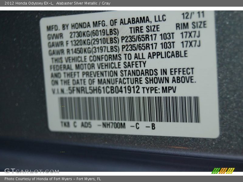 Alabaster Silver Metallic / Gray 2012 Honda Odyssey EX-L