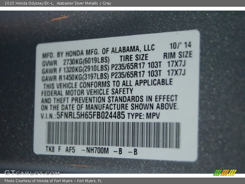 Alabaster Silver Metallic / Gray 2015 Honda Odyssey EX-L