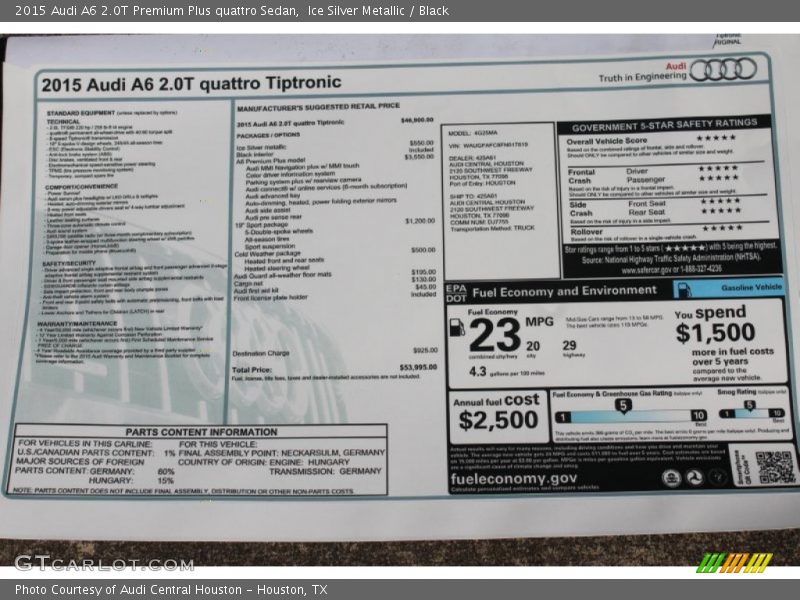 Ice Silver Metallic / Black 2015 Audi A6 2.0T Premium Plus quattro Sedan