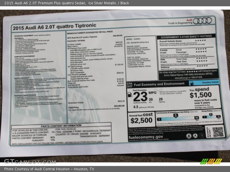 Ice Silver Metallic / Black 2015 Audi A6 2.0T Premium Plus quattro Sedan