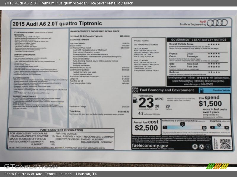 Ice Silver Metallic / Black 2015 Audi A6 2.0T Premium Plus quattro Sedan
