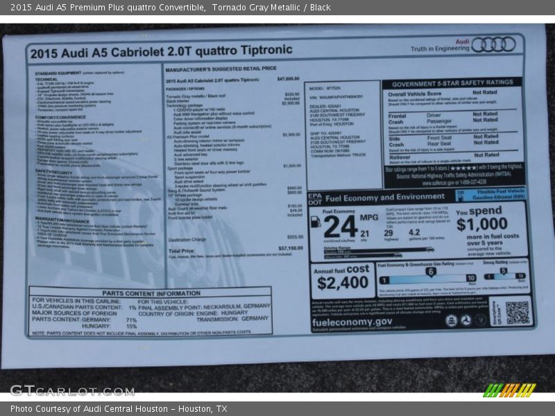  2015 A5 Premium Plus quattro Convertible Window Sticker
