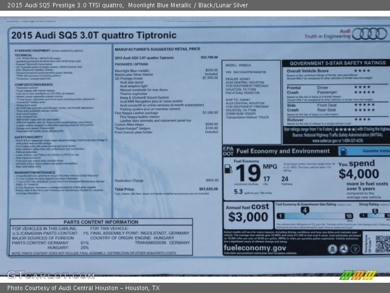  2015 SQ5 Prestige 3.0 TFSI quattro Window Sticker