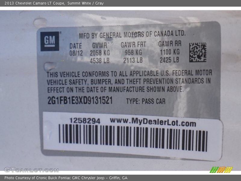 Summit White / Gray 2013 Chevrolet Camaro LT Coupe