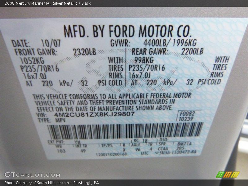 Silver Metallic / Black 2008 Mercury Mariner I4