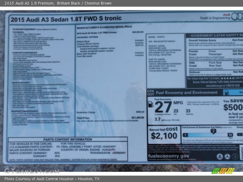 Brilliant Black / Chestnut Brown 2015 Audi A3 1.8 Premium