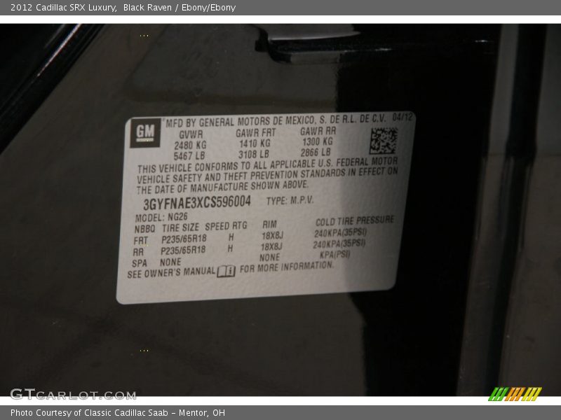 Black Raven / Ebony/Ebony 2012 Cadillac SRX Luxury