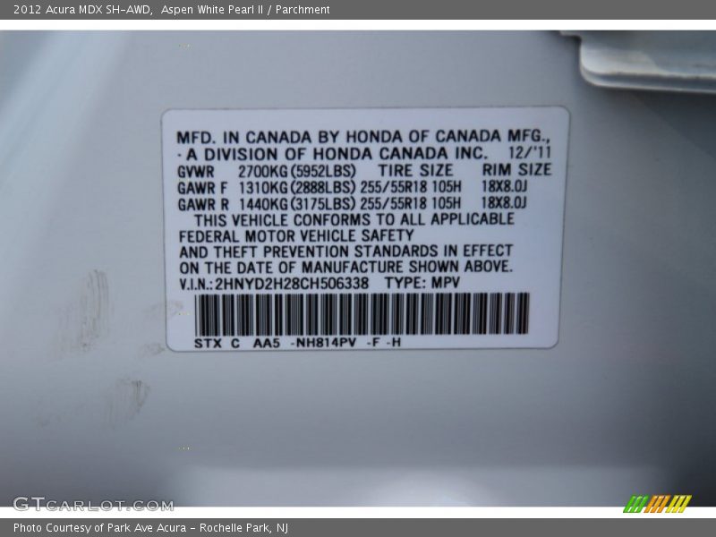 Aspen White Pearl II / Parchment 2012 Acura MDX SH-AWD