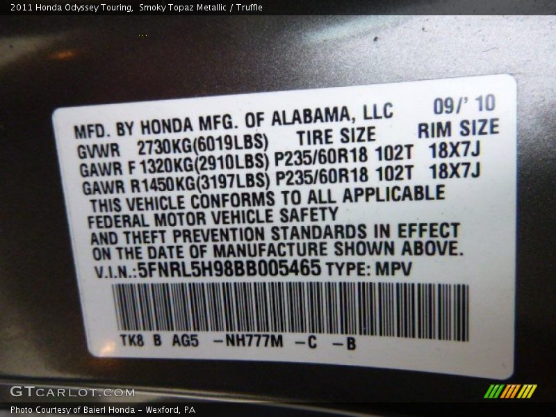 Smoky Topaz Metallic / Truffle 2011 Honda Odyssey Touring