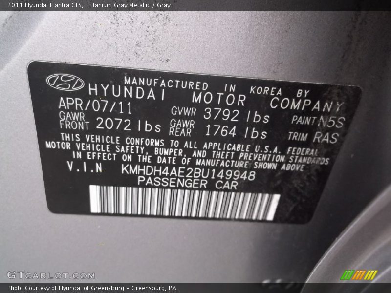 Titanium Gray Metallic / Gray 2011 Hyundai Elantra GLS