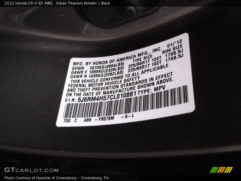 Urban Titanium Metallic / Black 2012 Honda CR-V EX 4WD