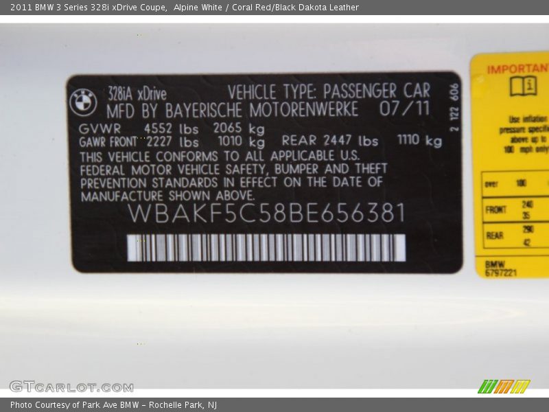 Alpine White / Coral Red/Black Dakota Leather 2011 BMW 3 Series 328i xDrive Coupe