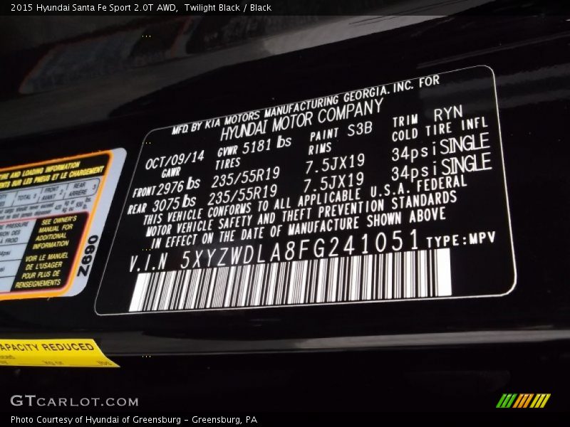 2015 Santa Fe Sport 2.0T AWD Twilight Black Color Code S3B