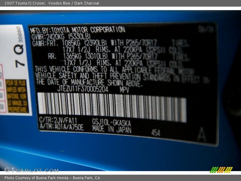 Voodoo Blue / Dark Charcoal 2007 Toyota FJ Cruiser