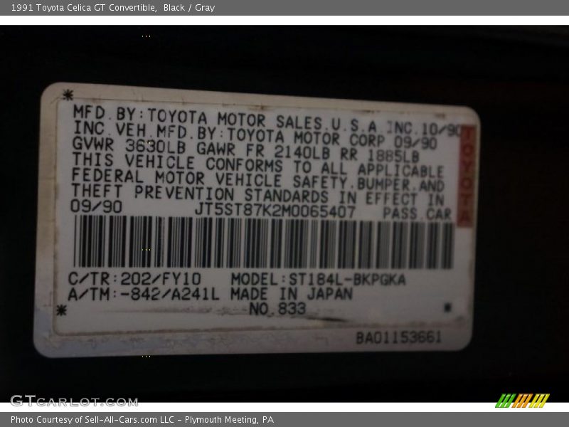 1991 Celica GT Convertible Black Color Code 202