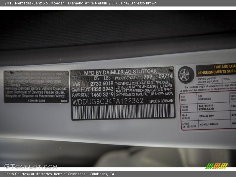 Diamond White Metallic / Silk Beige/Espresso Brown 2015 Mercedes-Benz S 550 Sedan
