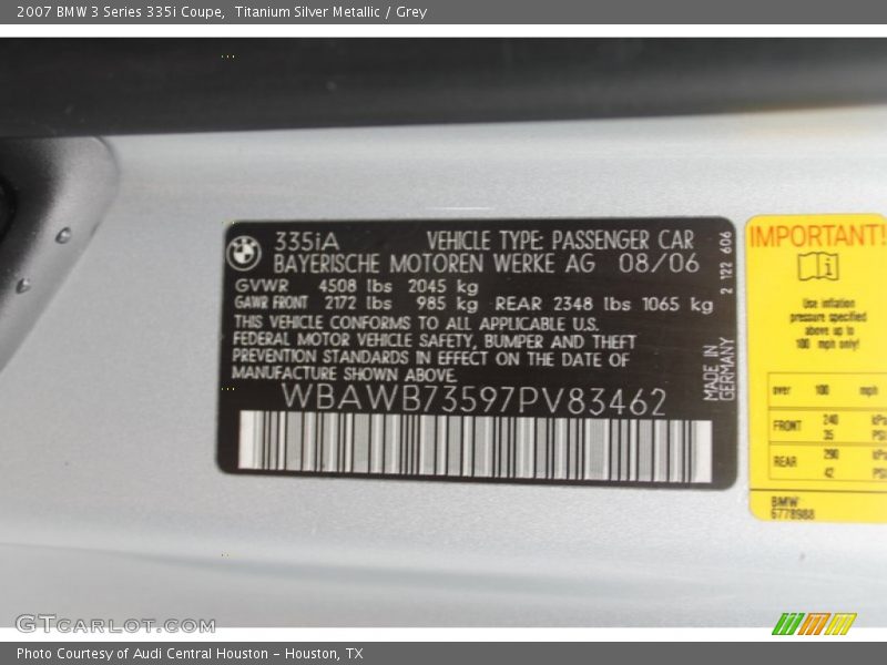 Titanium Silver Metallic / Grey 2007 BMW 3 Series 335i Coupe