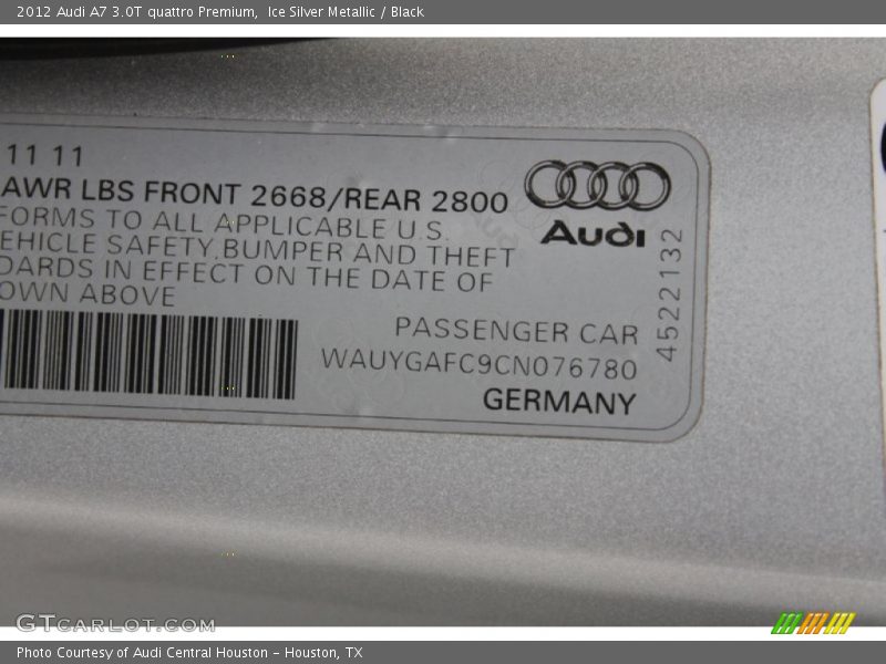 Ice Silver Metallic / Black 2012 Audi A7 3.0T quattro Premium