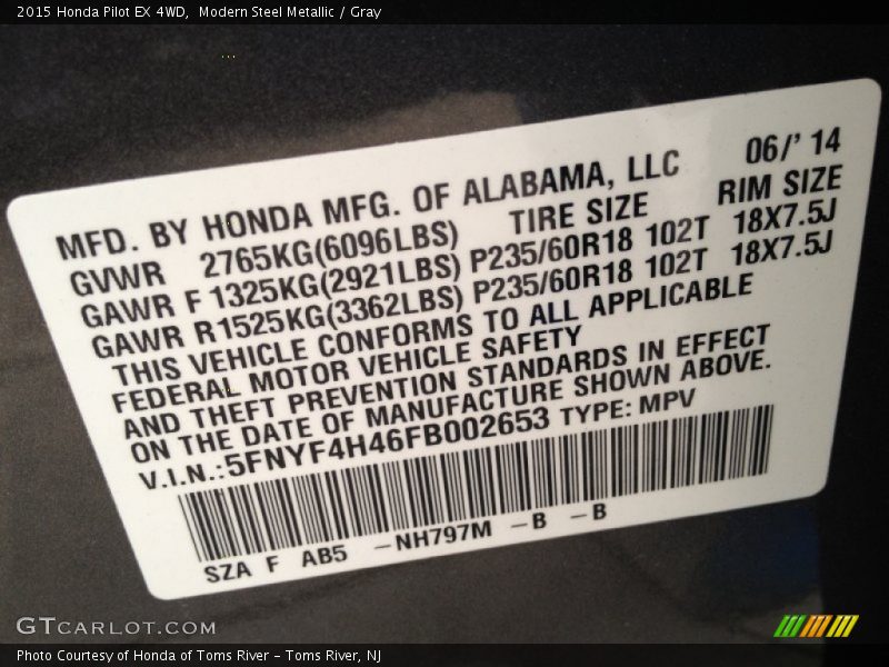 Modern Steel Metallic / Gray 2015 Honda Pilot EX 4WD