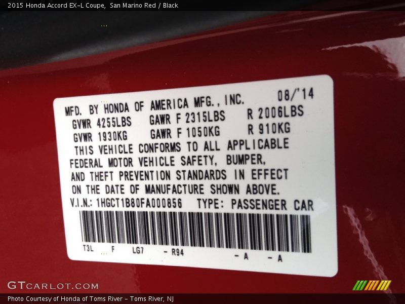 San Marino Red / Black 2015 Honda Accord EX-L Coupe