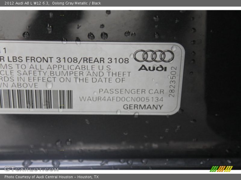 Oolong Gray Metallic / Black 2012 Audi A8 L W12 6.3