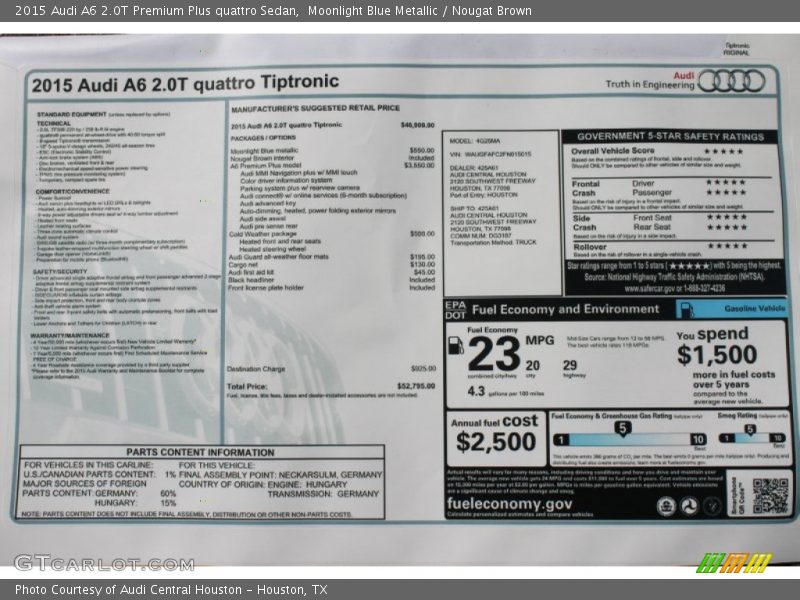 Moonlight Blue Metallic / Nougat Brown 2015 Audi A6 2.0T Premium Plus quattro Sedan
