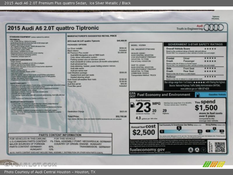 Ice Silver Metallic / Black 2015 Audi A6 2.0T Premium Plus quattro Sedan