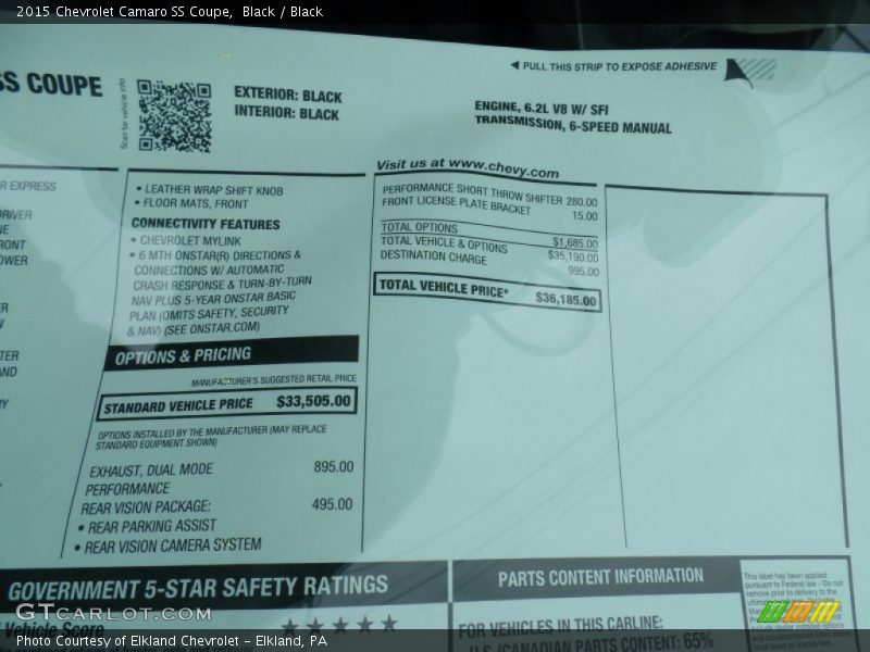  2015 Camaro SS Coupe Window Sticker