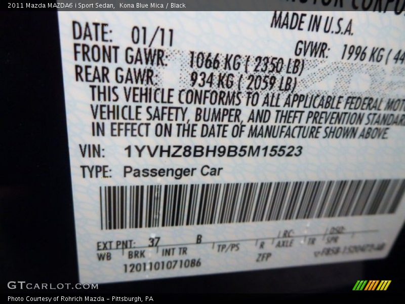 Kona Blue Mica / Black 2011 Mazda MAZDA6 i Sport Sedan