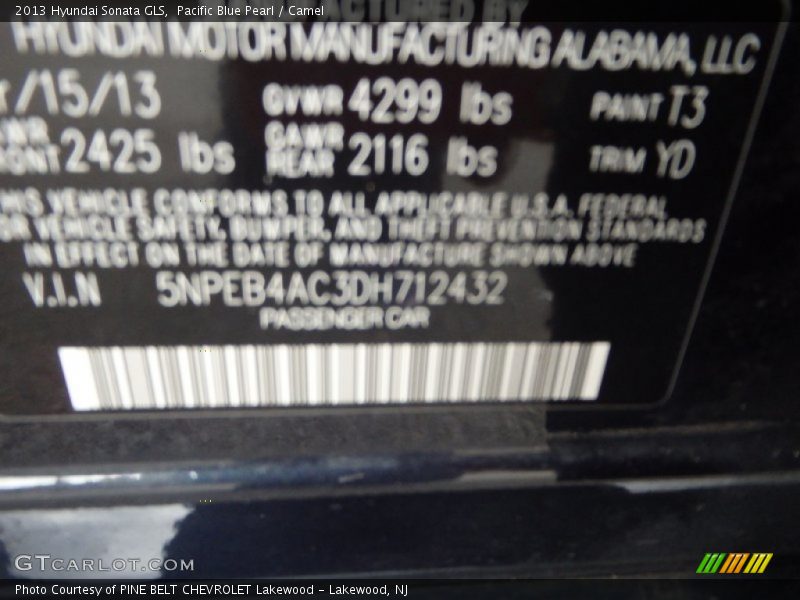 Pacific Blue Pearl / Camel 2013 Hyundai Sonata GLS