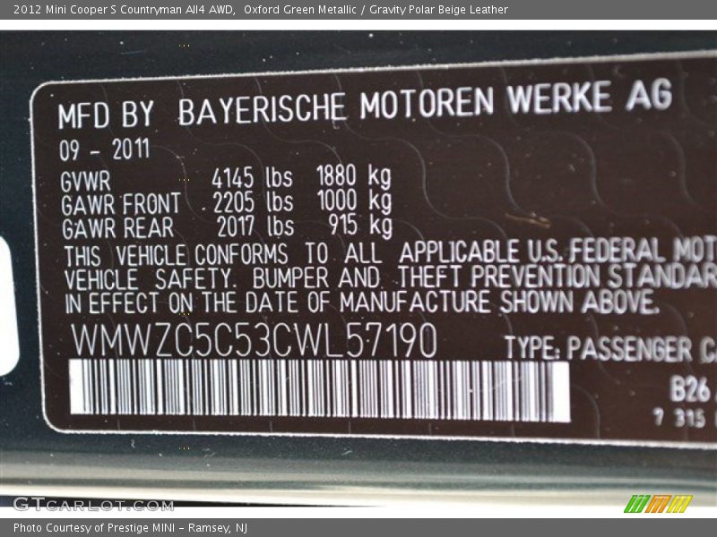 Oxford Green Metallic / Gravity Polar Beige Leather 2012 Mini Cooper S Countryman All4 AWD