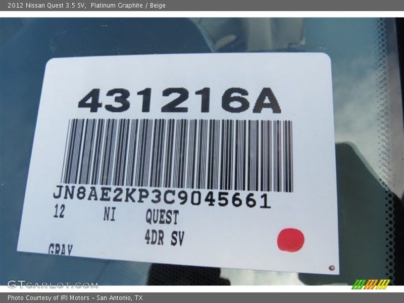 Platinum Graphite / Beige 2012 Nissan Quest 3.5 SV
